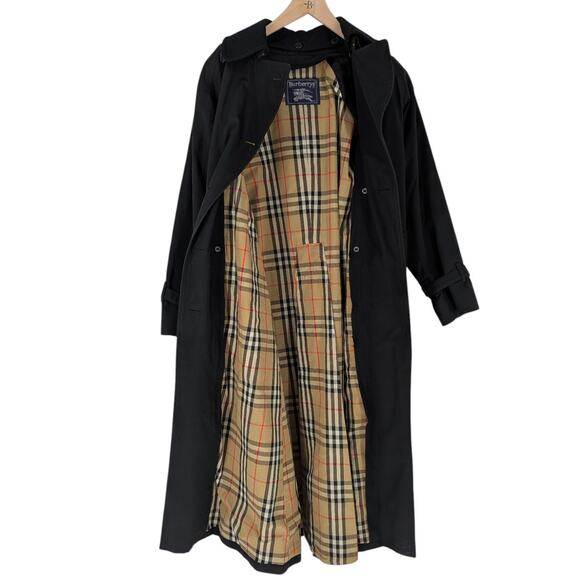 Burberry Black Trench Coat Nova Check Lined Belted Mid Length Wool Size L - Picture 8 of 9